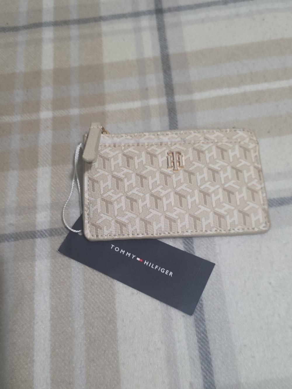 Tommy Hilfiger Beige Monogram Zip Card Case with Gold Logo